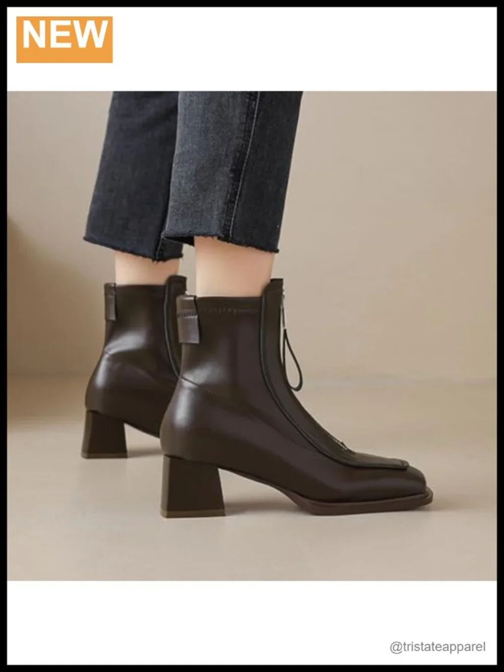 Women's Genuine Leather Square Toe Low Block Heel Ankle Booties Front Zipper